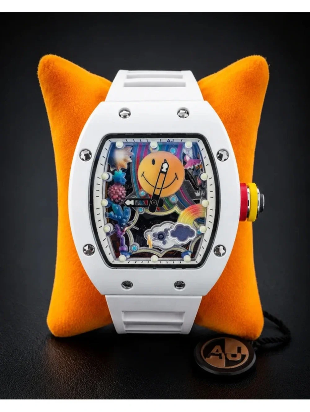 #546 AJ 42mm Automatic Skeleton Watch – White with Colorful Smiley Dial